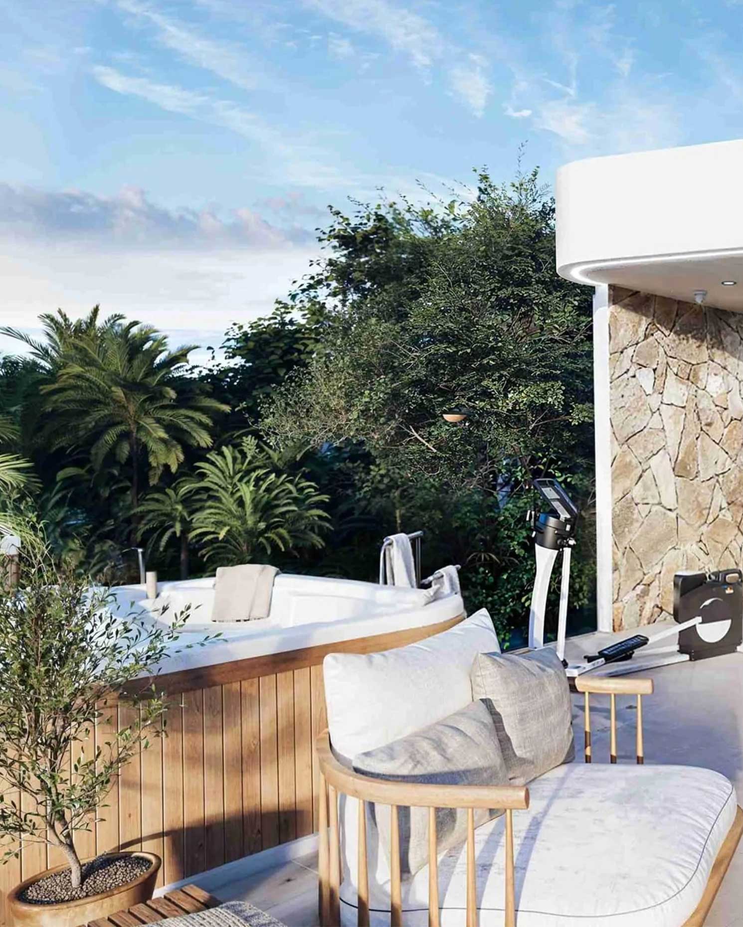 Private rooftop terrace with built-in whirlpool jacuzzi, wood siding, luxury outdoor lounge armchairs, bonsai tree, and open-air rowing fitness equipment overlooking tropical palms at The Novéra Beyond villa in Uluwatu, Bali.